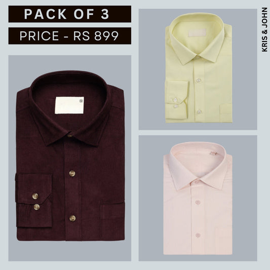 Shirt Happens: 3-Pack Men’s Stylish Formal Shirts – 100% Cotton, Full Sleeves with Pockets (FS-74)