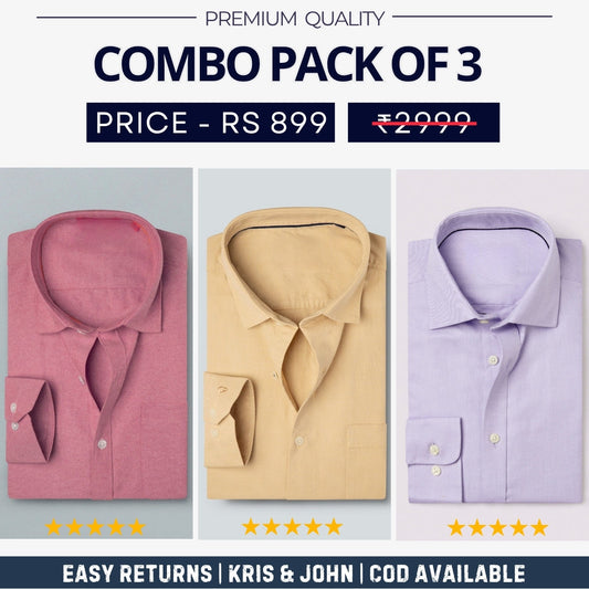Combo Pack of 3 Menâ€™s Formal Shirts â€“ Stylish & Versatile Collection (Half & Full Sleeves, With/Without Pockets) (FS-50)