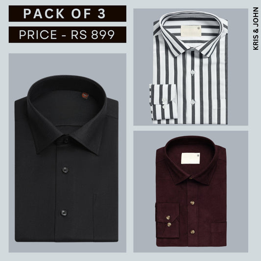 Shirt Happens: 3-Pack Men’s Stylish Formal Shirts – 100% Cotton, Full Sleeves with Pockets (FS-72)