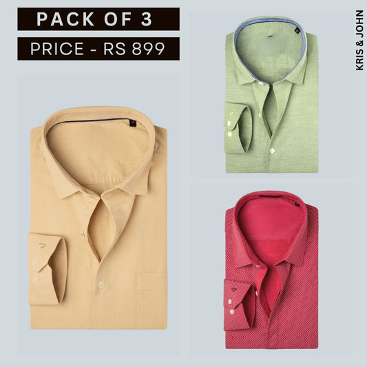 Shirt Happens: 3-Pack Men’s Stylish Formal Shirts – 100% Cotton, Full Sleeves with Pockets (FS-61)