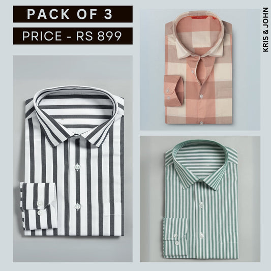 Shirt Happens: 3-Pack Men’s Stylish Formal Shirts – 100% Cotton, Full Sleeves with Pockets (FS-66)